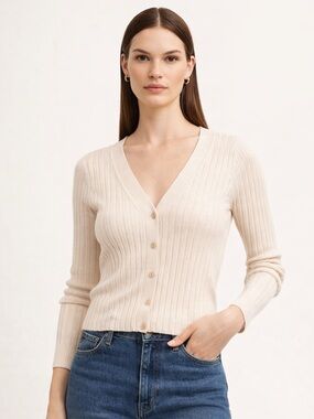 Club Monaco Ribbed Cardigan XS Cream Wool Blend Fitted V Neck | Screen Worn